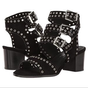 SOL Sana Black Sweet Pea Black Studded Suede Block Heeled Sandals Size 39